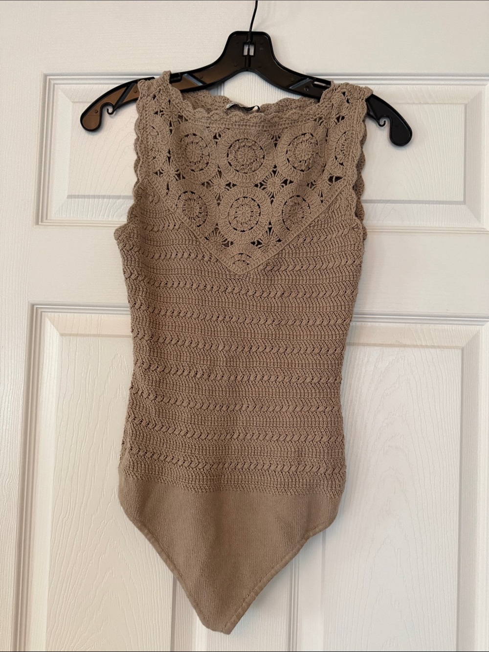 Abercrombie & Fitch Taupe Crochet Pointed-Hem bodysuit
